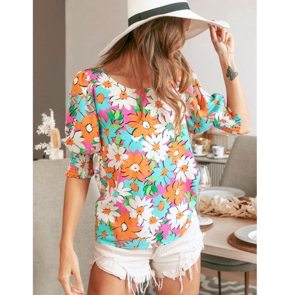 RESTOCK! Multicolor Floral Puff Smocked Sleeve Top! - Picture 10 of 15